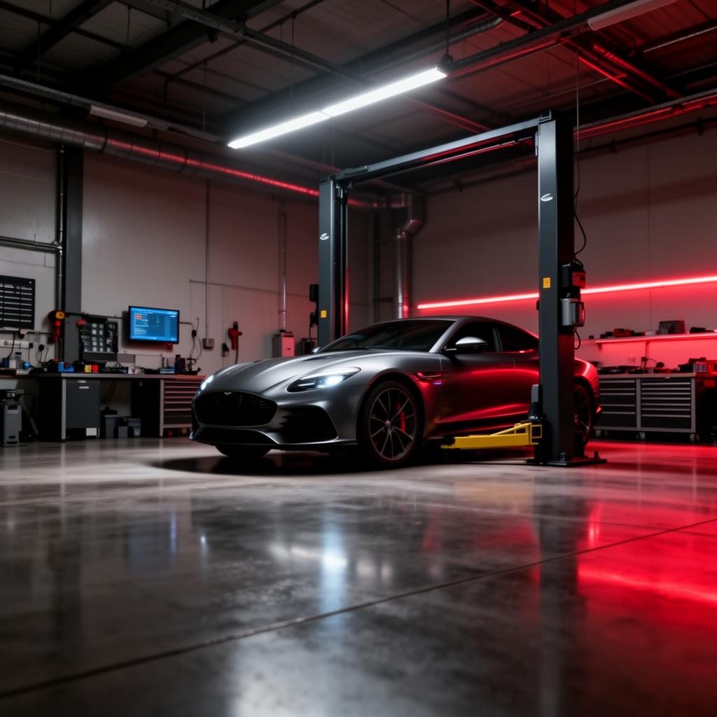 Taller automotriz moderno con iluminación industrial